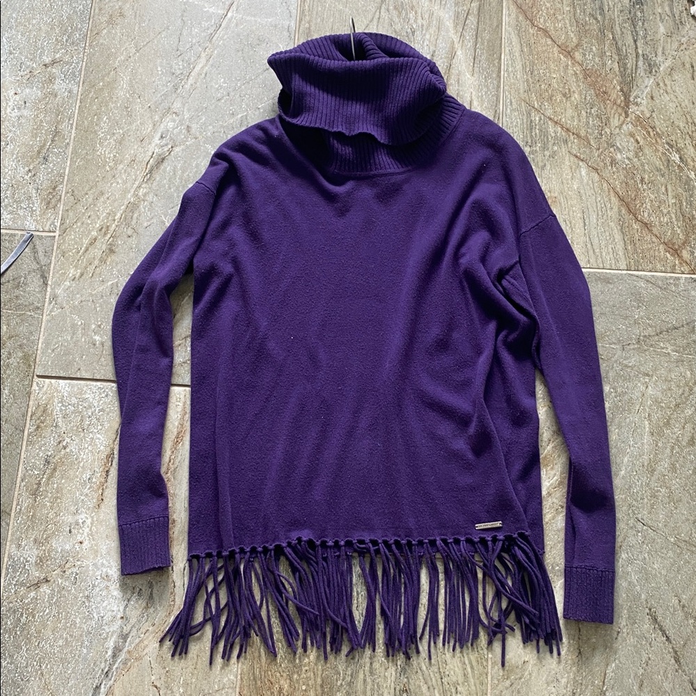 Michael Kors Deep Purple Turtleneck Sweater with Fringe